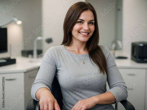 Beautiful woman smiling and sitting in the dental treatment room, happy and confident feeling, copy space