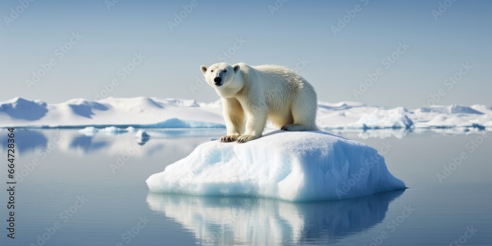 Polar bear on ice floe. Melting iceberg and global warming. - obrazy, fototapety, plakaty 