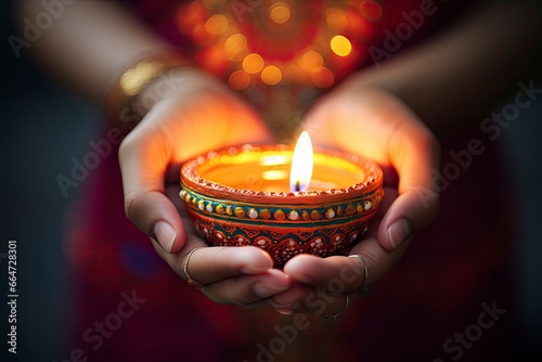 Beautiful hands holding Diwali lamps traditionally.