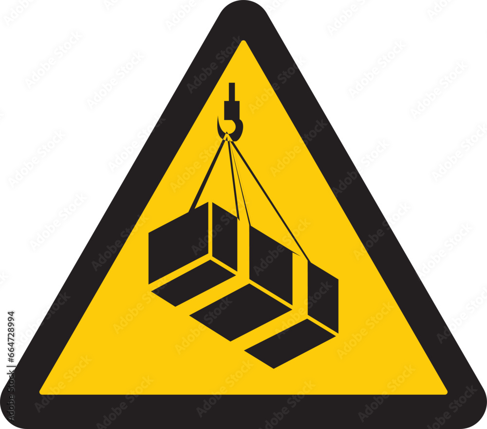 izaje de cargas, cargas colgadas o suspendidas, objetos que caen, riesgo de accidente,  precaución, señal, símbolo, hoisting of loads,  suspended loads, falling objects, accident hazard, caution, sign