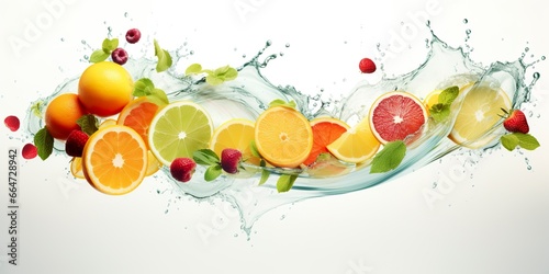 Swirl water splash with fruits. liquid flow with ice cubes and a mix of fresh fruits. © Sajeda