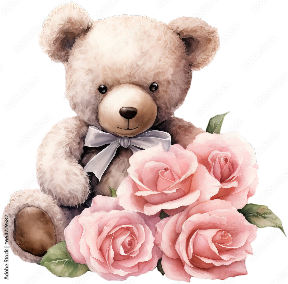 Watercolor art of a teddy bear with pink roses. Cute Valentine's Day painting. Watercolor art of a teddy bear with pink roses. Cute Valentine's Day painting.