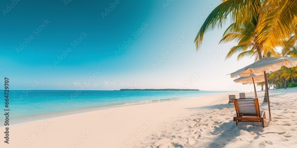 White sand and coconut plant travel tourism wide panorama background concept.