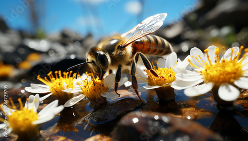 Nature beauty bee pollinates flower, creating summer macro masterpiece generated by AI