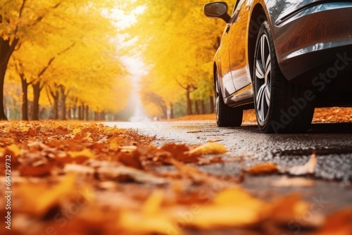 Car on asphalt road on an autumn day at the park. © Sajeda