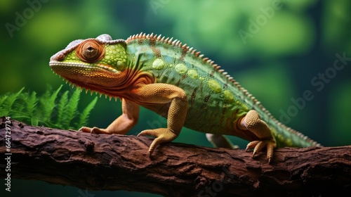 Chameleon reptile perches on a branch. © Sajeda
