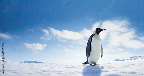 Penguin standing in Antarctica looking into the blue sky.