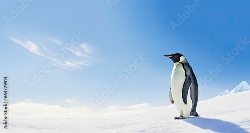 Penguin standing in Antarctica looking into the blue sky. © Sajeda
