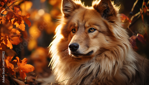 A cute puppy sitting in the autumn forest, looking at you generated by AI © djvstock