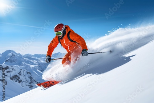 Skier Skiing On Mountain Slope.