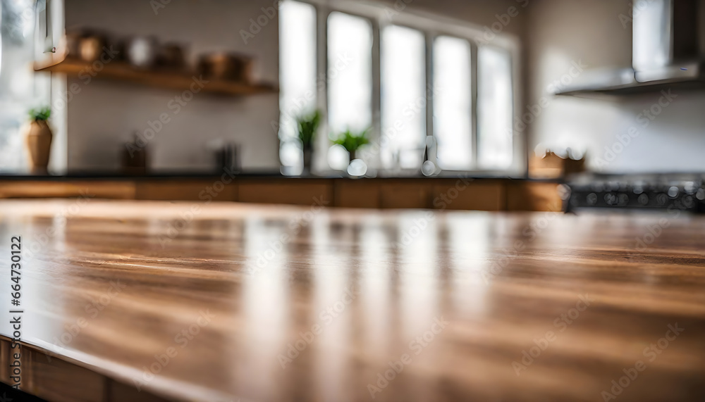 Obraz premium Wooden tabletop counter in front of bright modern kitchen.