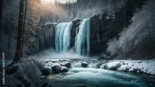 background view of a frozen waterfall in the middle of the forest on a snowy winter night. AI generated photo