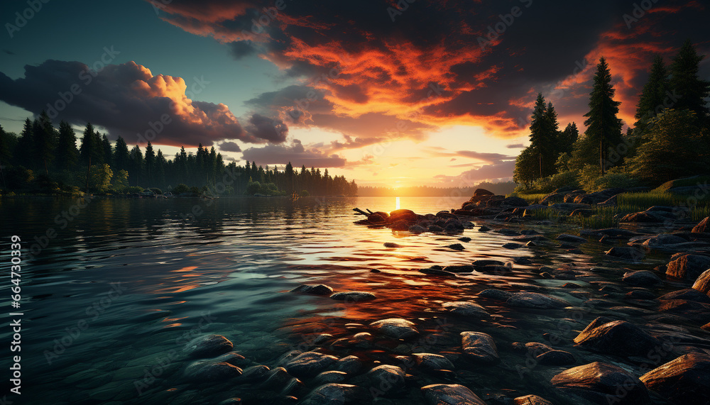 Tranquil scene  sunset paints vibrant sky, reflecting on tranquil waters generated by AI
