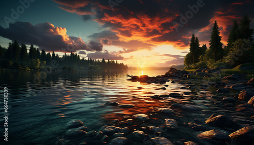Tranquil scene sunset paints vibrant sky, reflecting on tranquil waters generated by AI
