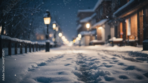AI Generated. city ​​streets filled with snow at night, there are housing and street lights, background