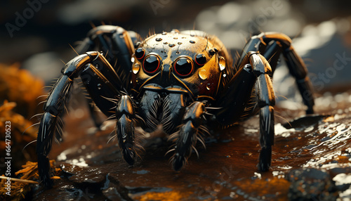 Spooky arachnid in the forest, a poisonous tarantula looking at camera generated by AI