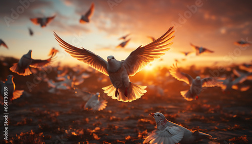 Flying seagull, pigeon, and dove spread wings in the bright sky generated by AI © djvstock
