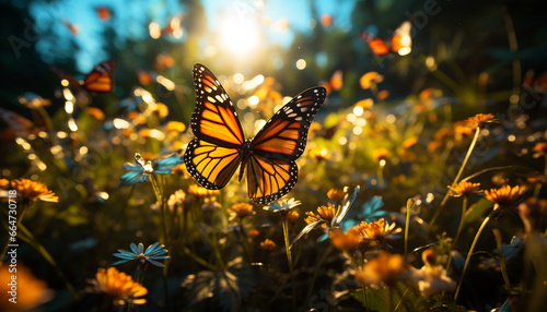 Vibrant butterfly in nature, flying amidst green meadow and flowers generated by AI © djvstock