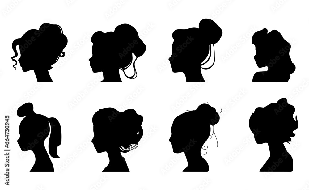 Set of Female head silhouettes with different hairstyles Set of Female head silhouettes with different hairstyles