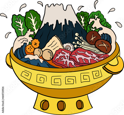Sukiyaki recipe instant pot illustration.Chinese traditional food rich hot pot style.Shabu hand drawning for painting on restaurant.Wave on Fuji mountain on shabu hot pot.