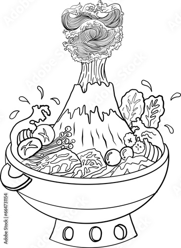 Sukiyaki recipe instant pot illustration.Chinese traditional food rich hot pot style.Shabu hand drawning for painting on restaurant.Wave on Fuji mountain on shabu hot pot.