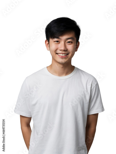 Young Asian man wearing a white shirt smiling and looking at the camera, Happiness concept, isolated, transparent background, no background. PNG.