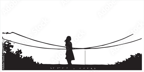 Silhouette of a Girl on a swing bridge vector illustration