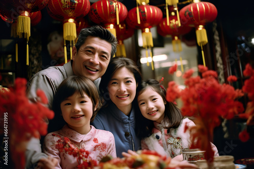 Happy family celebrating Chinese New Year photo