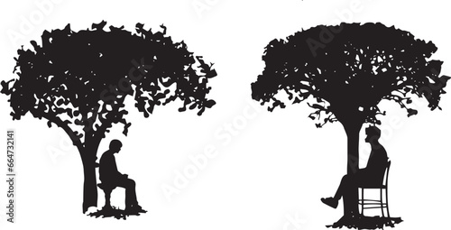 Black and white silhouettes of a man sit under the tree vector illustration