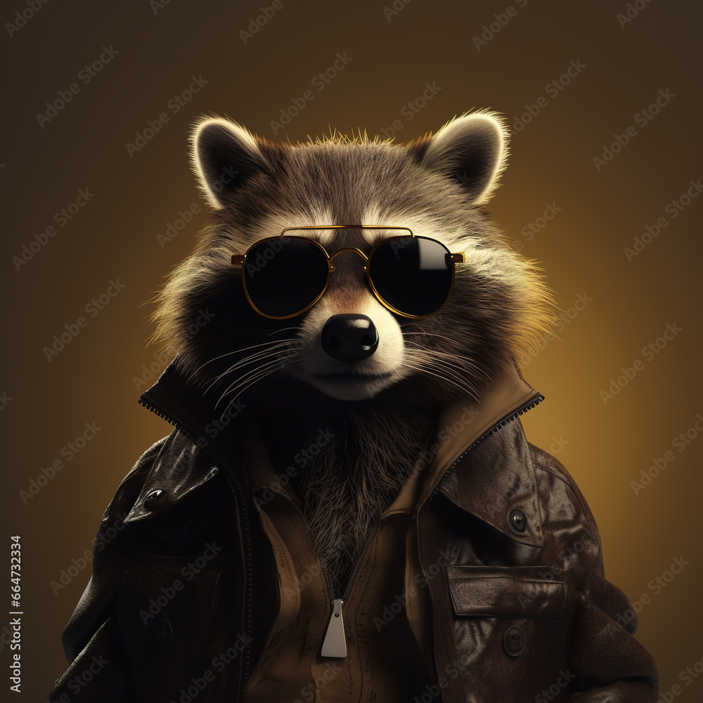 Image of stylish cool racoon wearing sunglasses as fashion and wore a leather jacket. Modern fashion, Animals, Illustration, Generative AI. Image of stylish cool racoon wearing sunglasses as fashion and wore a leather jacket. Modern fashion, Animals, Illustration, Generative AI.