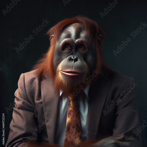 Image of a tapanuli orangutan businessman wearing a suit on clean background. Wildlife Animals. Illustration, generative AI. © yod67