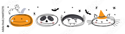Smiling Halloween characters. Happy Halloween banner. Halloween pumpkin, skeleton, vampire, cat. Anthropomorphic face characters. Hand drawn sketch in doodle outline style. Funny vector print.