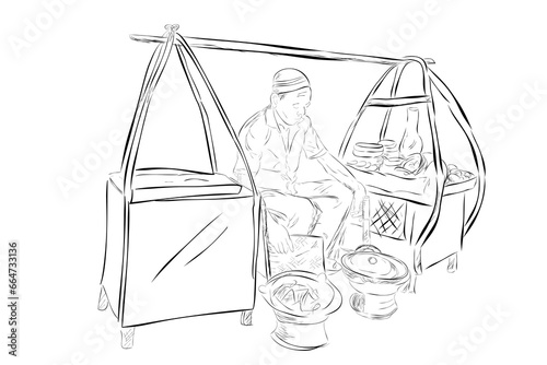 sketch kerak telur or telor maker and seller,indonesia traditional food, omelette dish made from coconut, sticky rice, chicken or duck egg