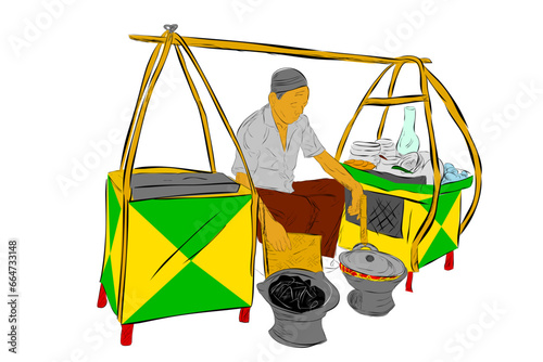 sketch kerak telur or telor maker and seller,indonesia traditional food, omelette dish made from coconut, sticky rice, chicken or duck egg