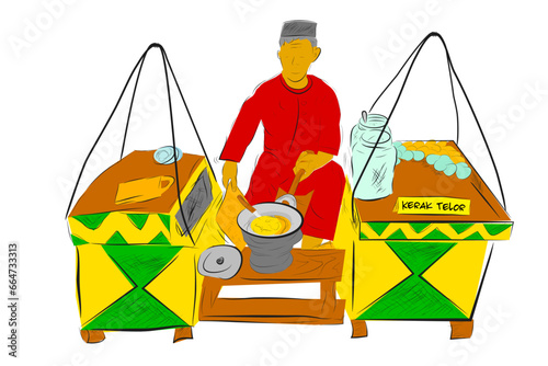 sketch kerak telur or telor maker and seller,indonesia traditional food, omelette dish made from coconut, sticky rice, chicken or duck egg