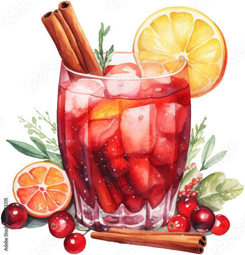 Watercolor art of winter cocktail - Sider Sangria. Traditional Christmas festive alcohol drink. photo