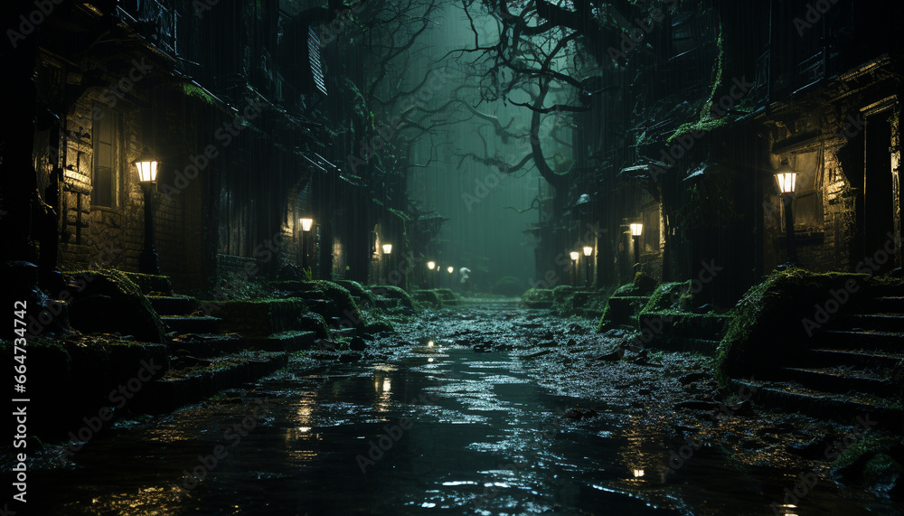 Spooky night, dark mystery, old architecture, wet forest, abandoned lantern generated by AI