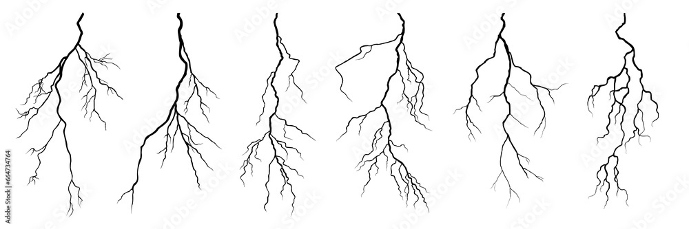 Vector lightning silhouettes set. Elements for thunderstorm. vector - obrazy, fototapety, plakaty 