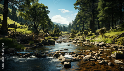 Tranquil scene of a mountain range, flowing water, and green grass generated by AI