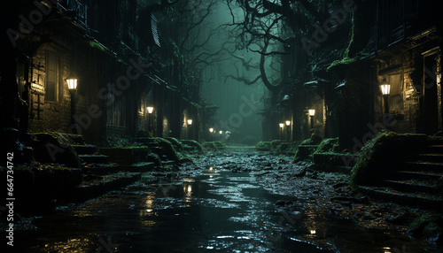 Spooky night  dark mystery  old architecture  wet forest  abandoned lantern generated by AI
