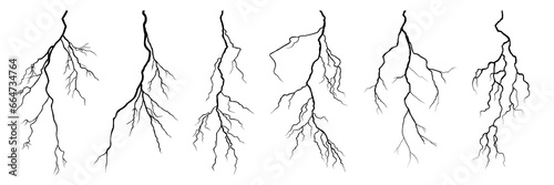 Vector lightning silhouettes set. Elements for thunderstorm. vector photo