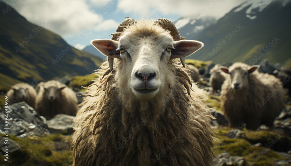 Obraz premium Cute livestock grazing on green meadow, mountain range in background generated by AI