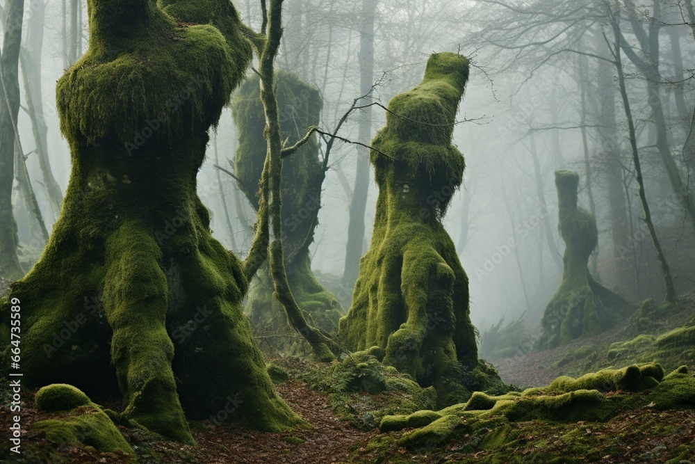tree trunks covered with moss in foggy woods. Generative AI - obrazy, fototapety, plakaty 