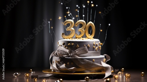 A cake for a 25th birthday, adorned with a number 25 candle and a silver and gold elegant decoration. photo