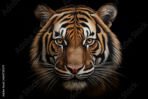 A tiger with a dark backdrop and distinct facial markings. Generative AI