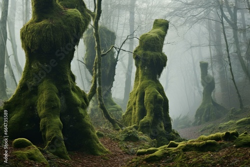 tree trunks covered with moss in foggy woods. Generative AI photo