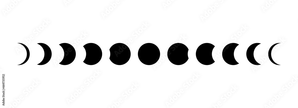 Full moon eclipse concept illustration. Set of moon phases or stages. Total sun eclipse and lunar cycle. Black and white vector elements collection for poster, banner, collage, brochure, cover