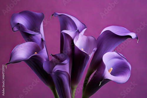 Bouquet of purple calla lilies against purple background. photo