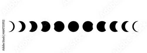 Full moon eclipse concept illustration. Set of moon phases or stages. Total sun eclipse and lunar cycle. Black and white vector elements collection for poster, banner, collage, brochure, cover photo