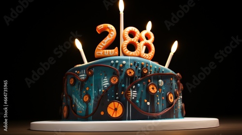A cake for a 28th birthday, designed with a number 28 candle and a science fiction-themed frosting pattern. photo